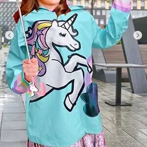 NWT Addie & Tate Unicorn Rain Coat Light Blue Rainbow Cute Cloud Pocket Hooded